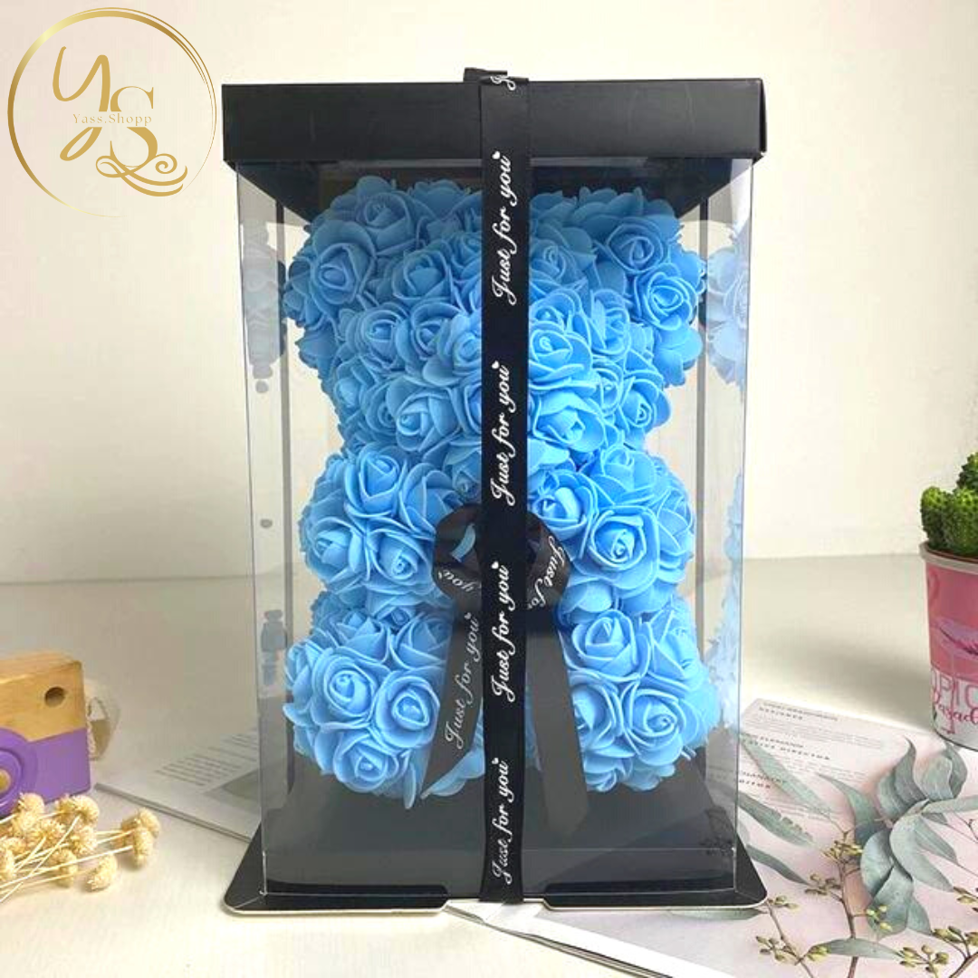 Ours en roses éternelles avec boîte cadeau personnalisable offerte