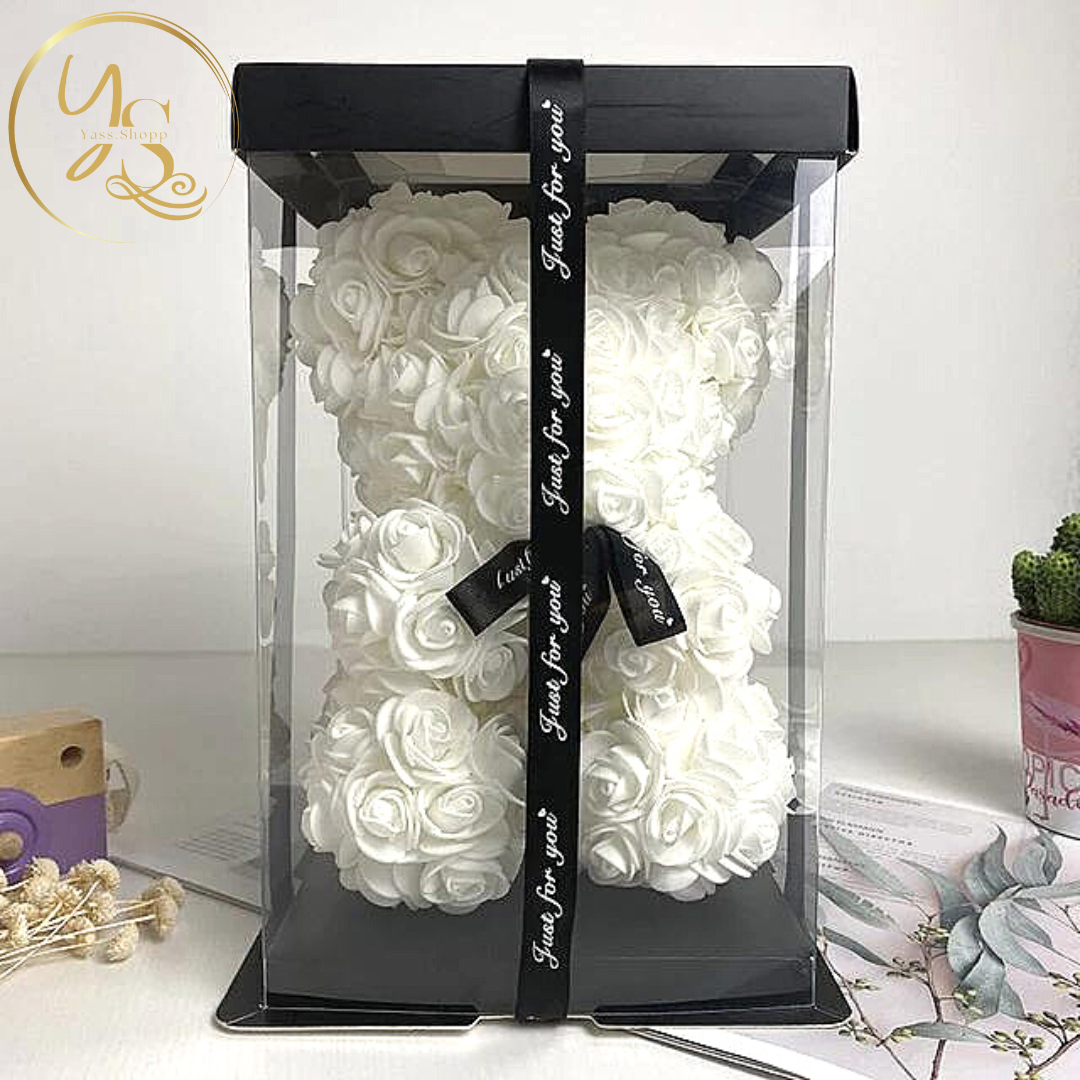 Ours en roses éternelles avec boîte cadeau personnalisable offerte