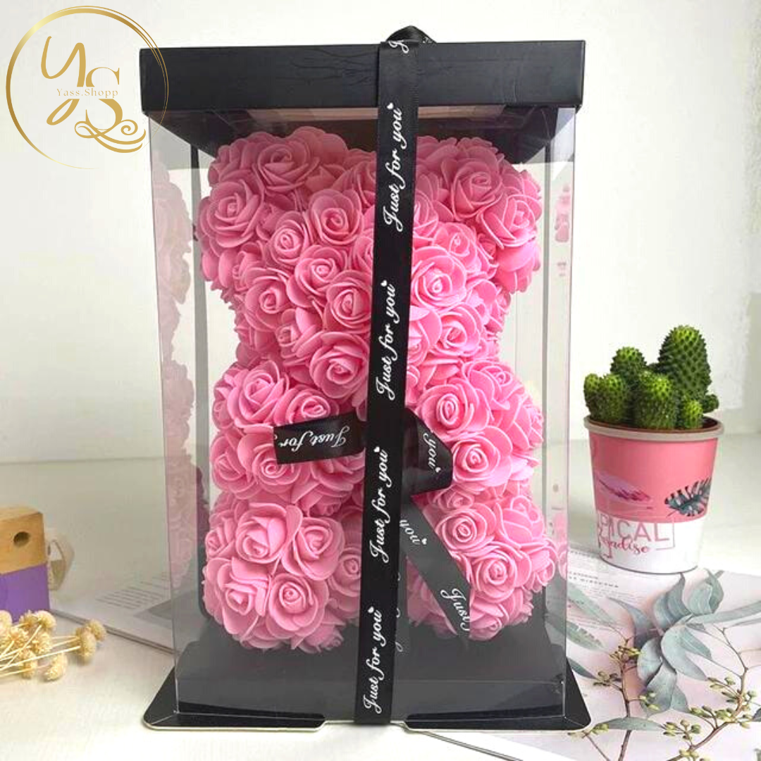 Ours en roses éternelles avec boîte cadeau personnalisable offerte