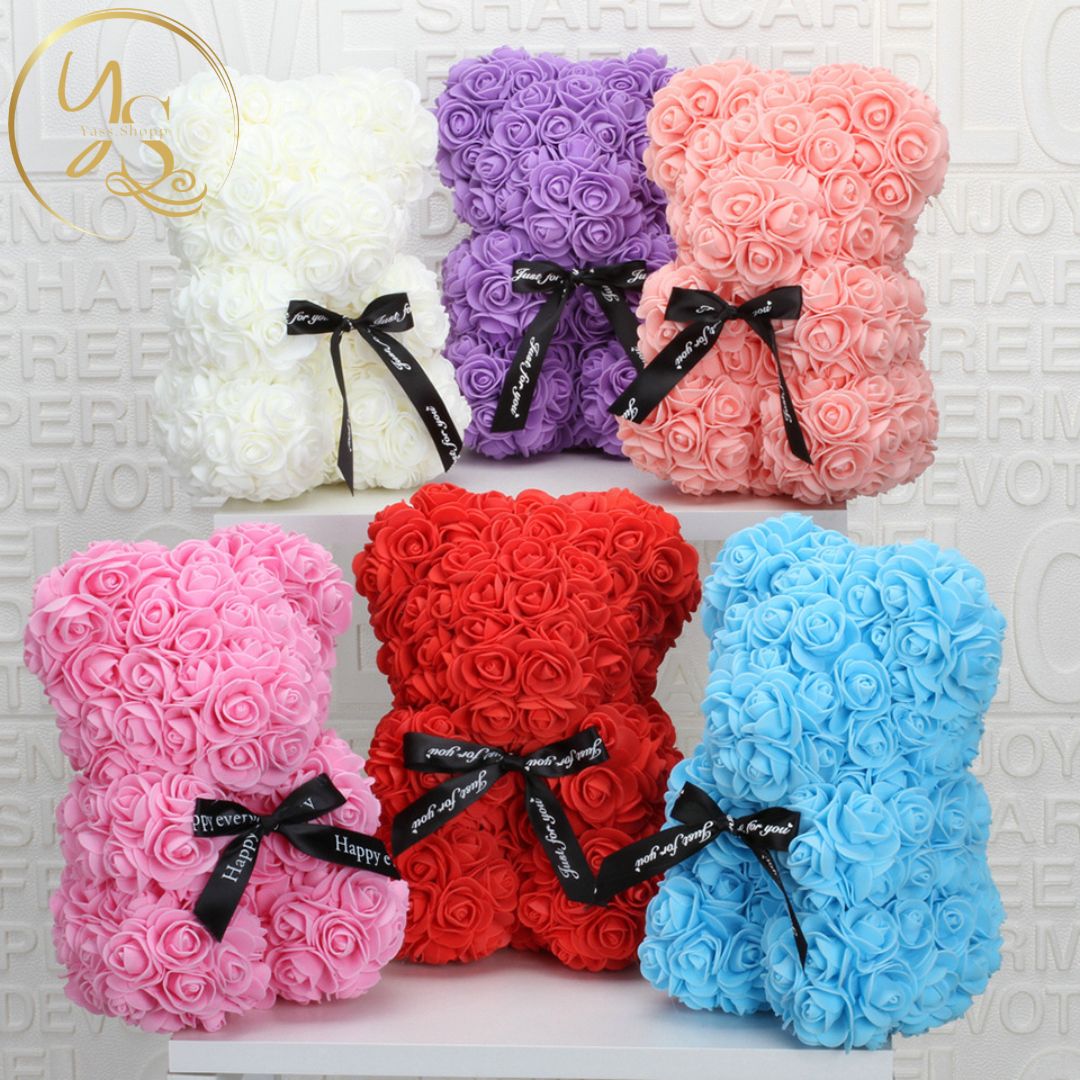 Ours en roses éternelles avec boîte cadeau personnalisable offerte